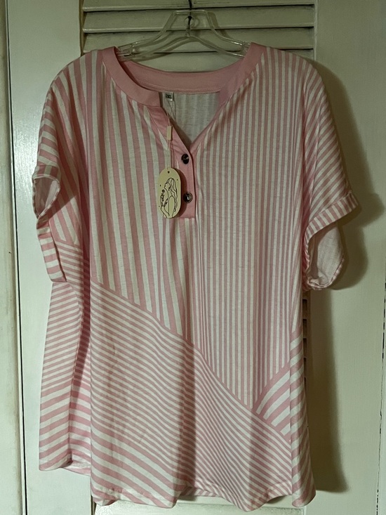 Tops - NWT Pink and White Stripe Henley Style Short Sleeve Blouse